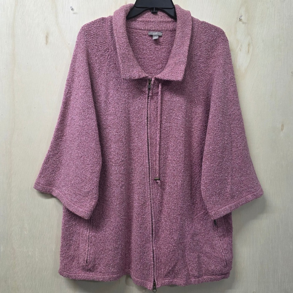 J. Jill Womens XL Petite Mauve Boucle Full Zip Cardigan 3/4 Sleeve Sweater